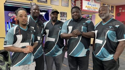 noble insurance men's bowling team wearing branded shirts
