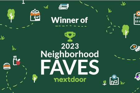  Winner of 2023 Neighborhood FAVES nextdoor. Green background with neighborhood icons and a trophy